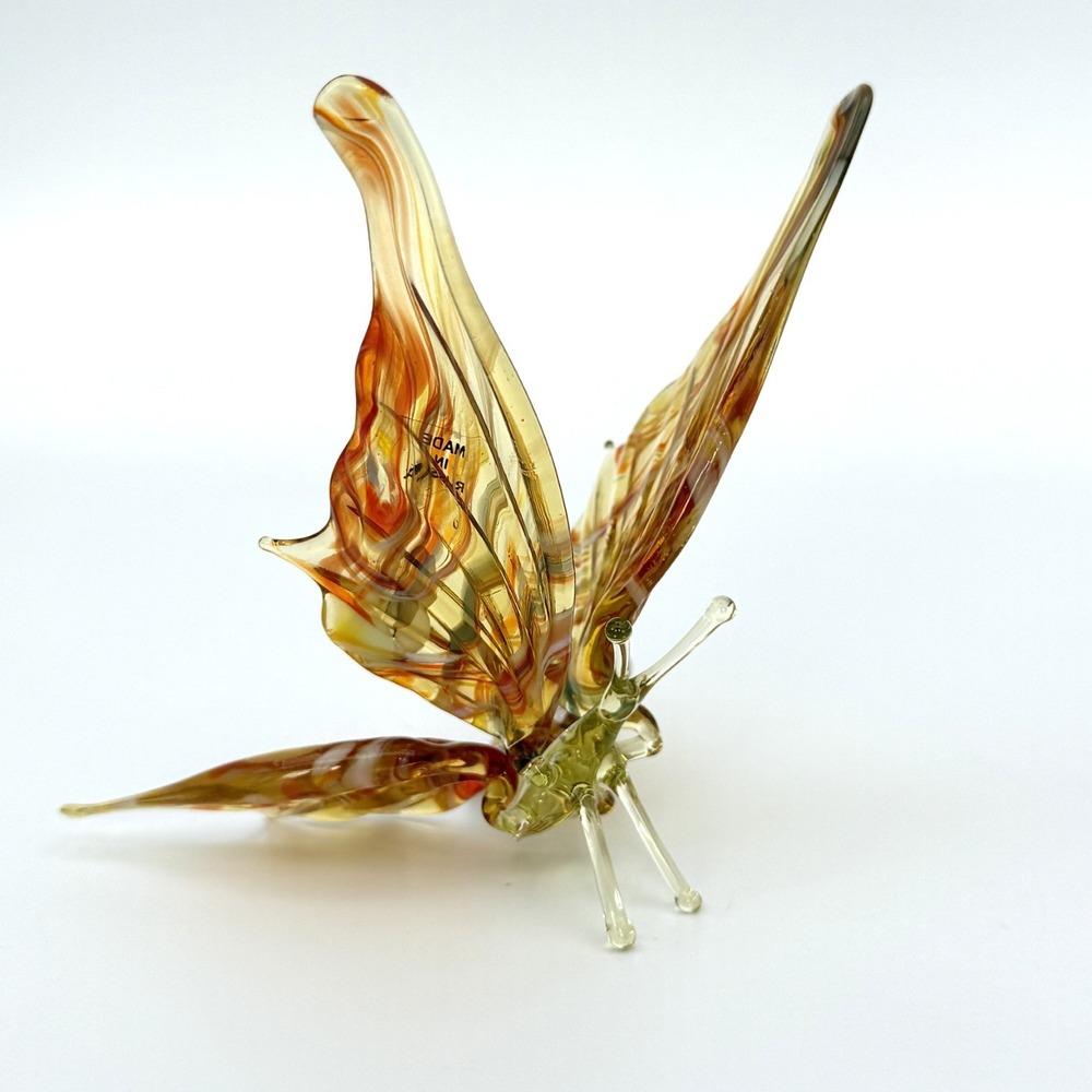 Vintage Russian Art Glass Butterfly Figurine Amber Orange Swirl Hand Blown 4"
